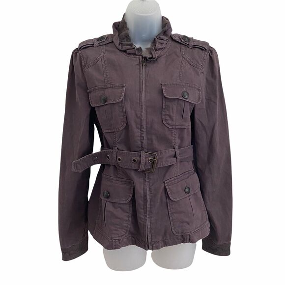 Sanctuary Small Basic Jacket Chocolate Brown Full Zip Front Belted Lace Collar - Picture 1 of 8